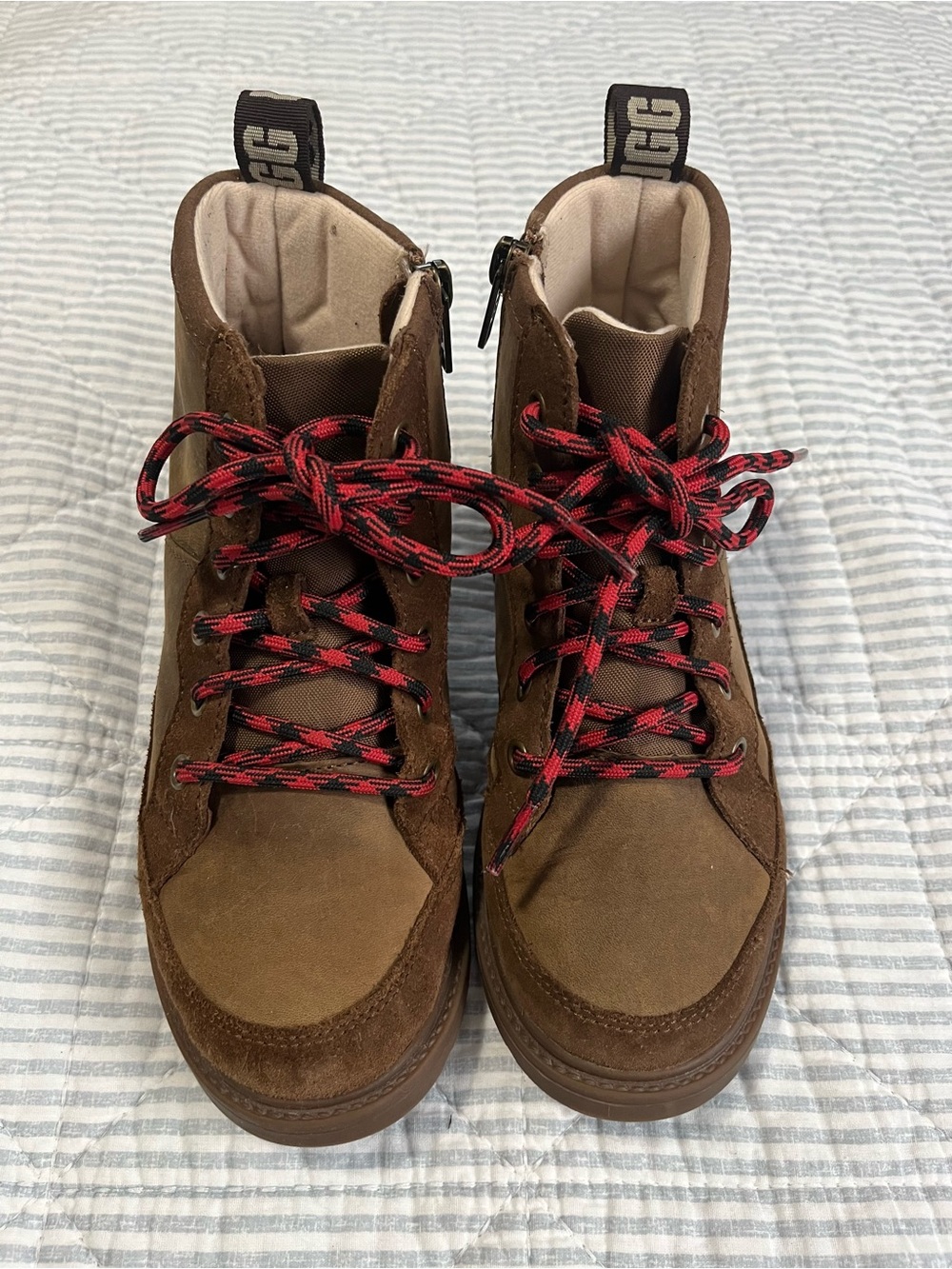 UGG Boys Brown Suede Boots with Red and Black Laces